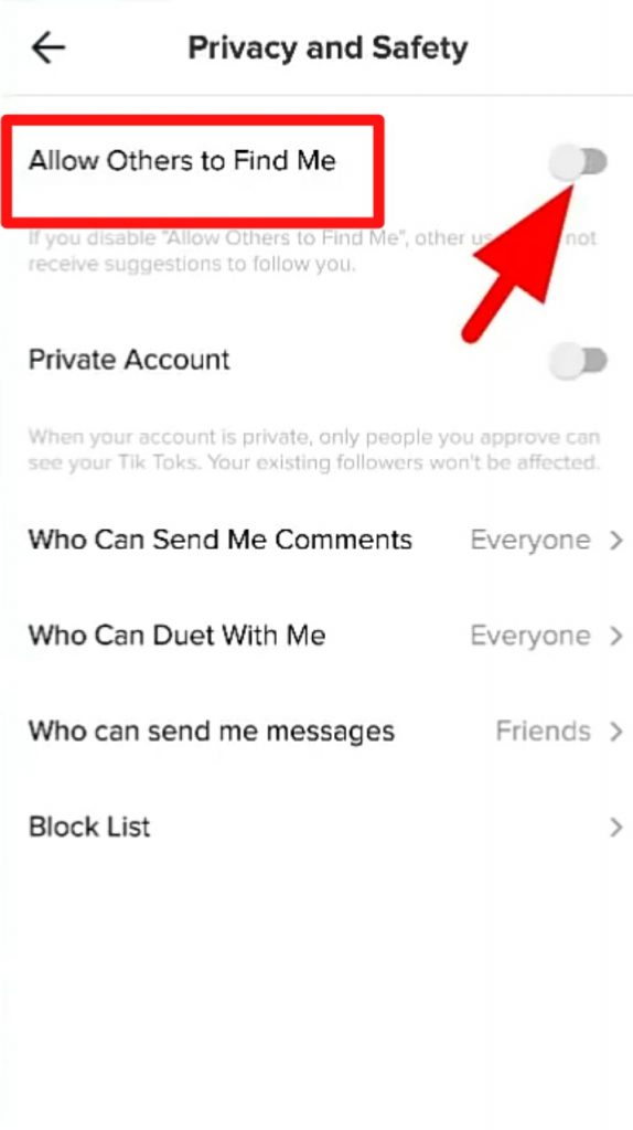 disable others to find me on TikTok